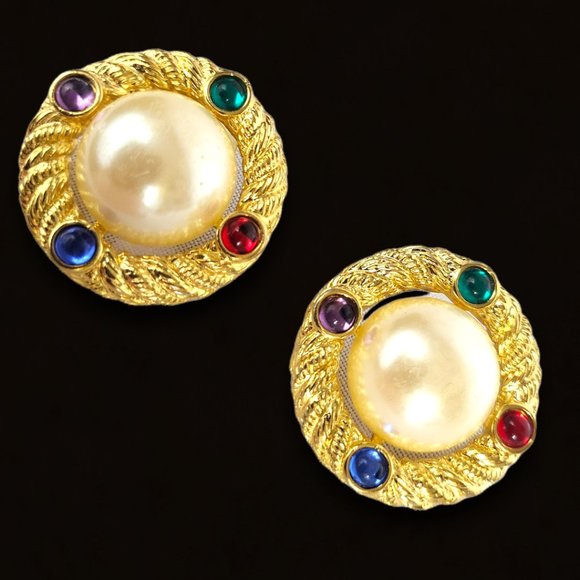 90's Earrings Pearlized Cabochons Gold Tone jewel Accents - Picture 5 of 7